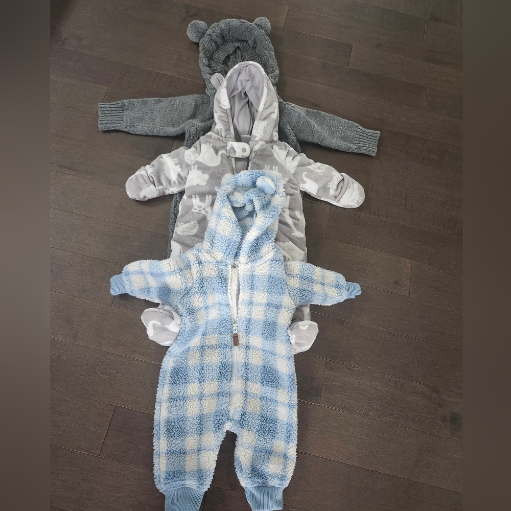 Bundle of 3 Hooded Baby Rompers (0–6M, Carter’s & Hand-Knit)